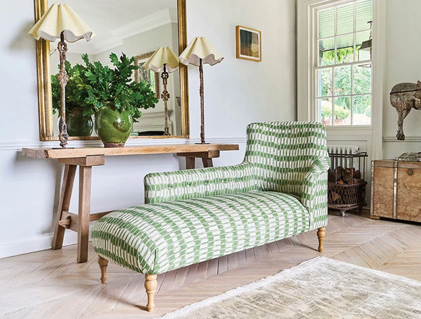 Anglesey chaise LHF in V&A Brompton Collection Ikat Basil