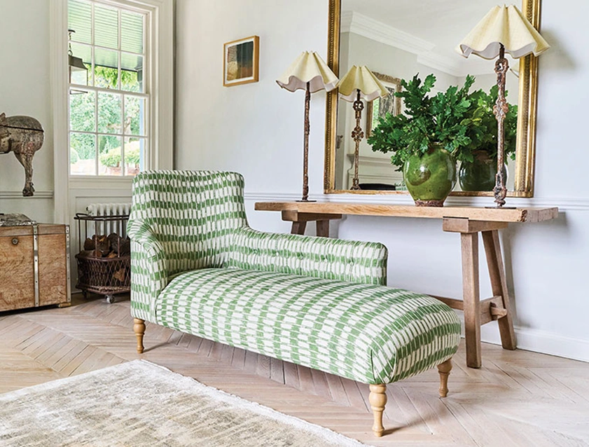 Anglesey chaise RHF in V&A Brompton Collection Ikat Basil