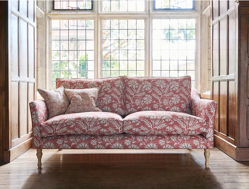 Brunel 3 Seater Sofa in Gertrude Jekyll Meadow Flower Reversed Terracotta with Back and Sides in Mohair Kiln and Scatters in Gertrude Jekyll Ornamental Terracotta