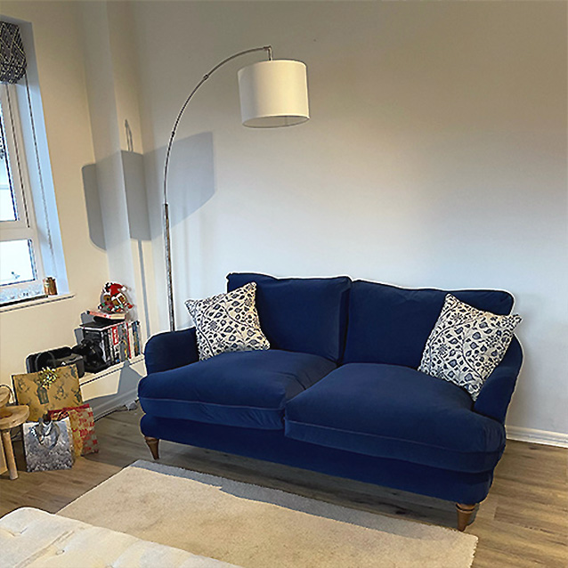 Pugin 3 Seater Sofa in House Clever Velvet Royal Scatters in RHS Gertrude Jekyll Trailing Vine Navy