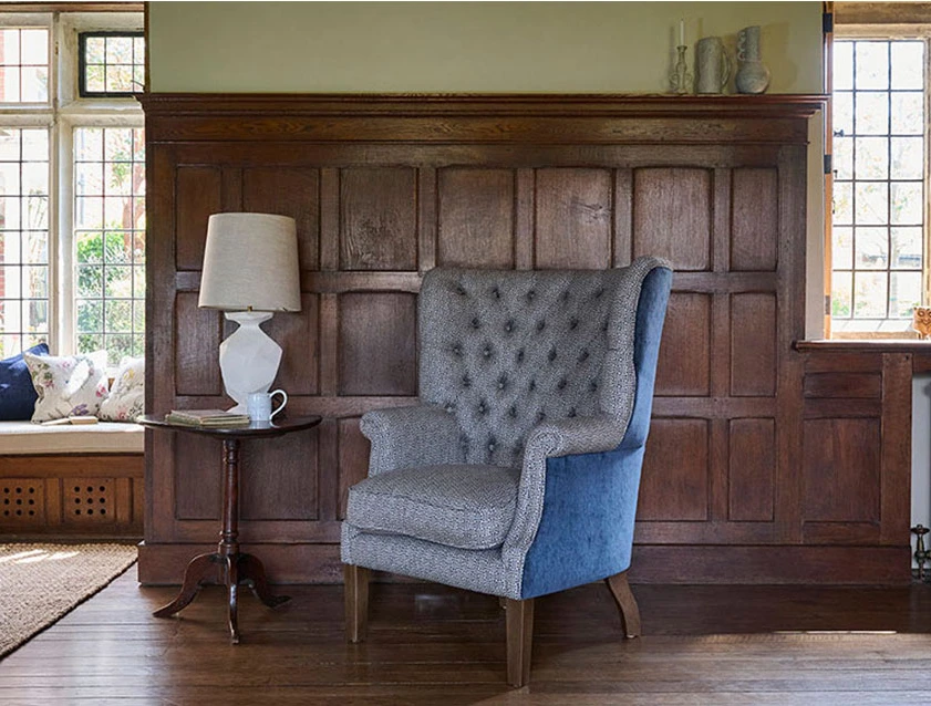 Whitewell Chair in Gertrude Jekyll Lattice Navy with Seat Back and Arms in Mohair Petrol