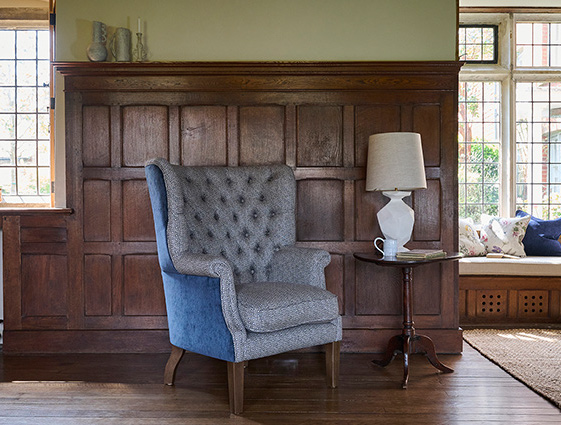Whitewell Chair in RHS Collection Gertrude Jekyll Lattice Navy with Seat Back and Arms in Mohair Velvet Petrol
