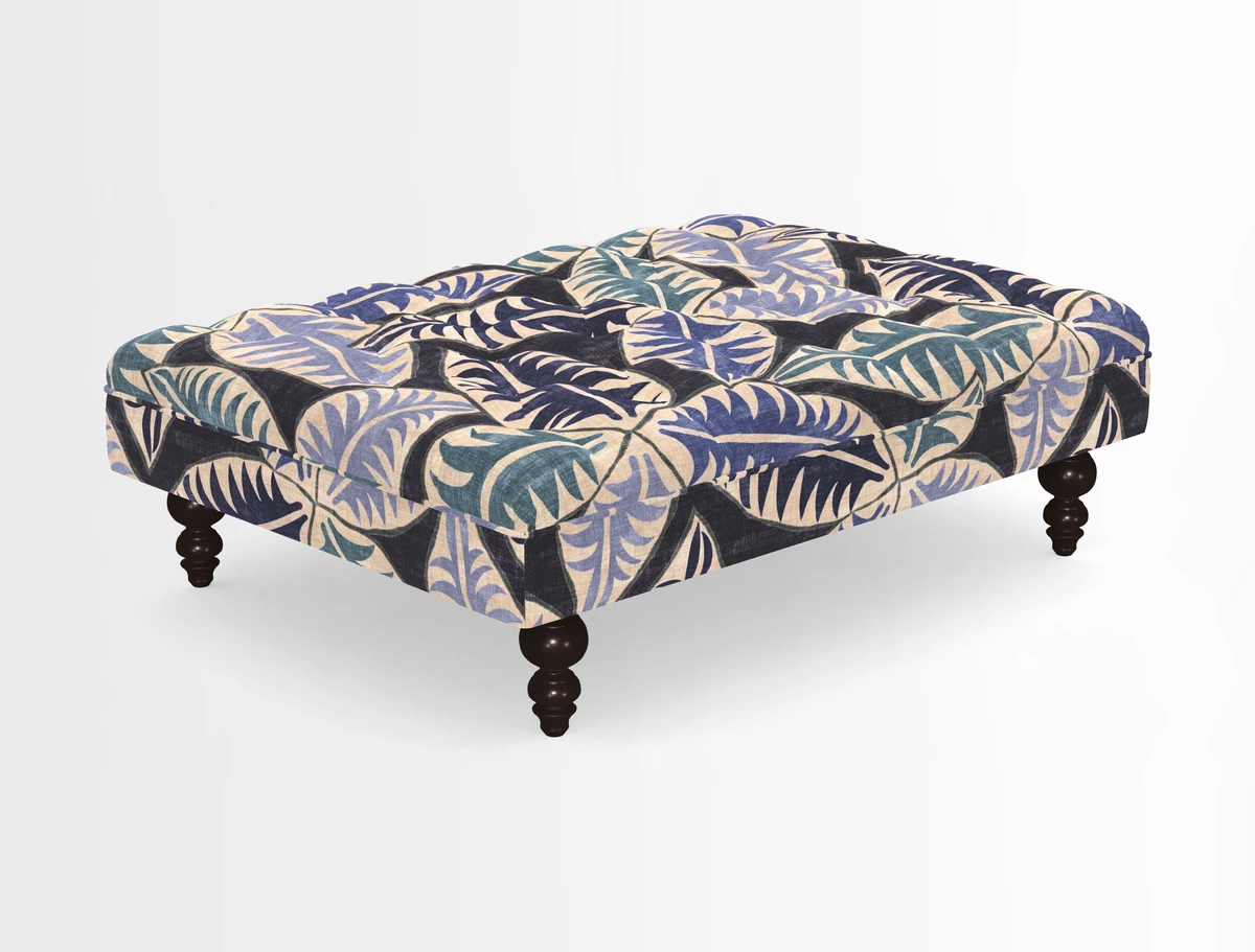 Bedham Footstool in RHS Gertrude Jekyll Lattice Green Alwinton 3 Seater Sofa in RHS Collection on Velvet William Hooker