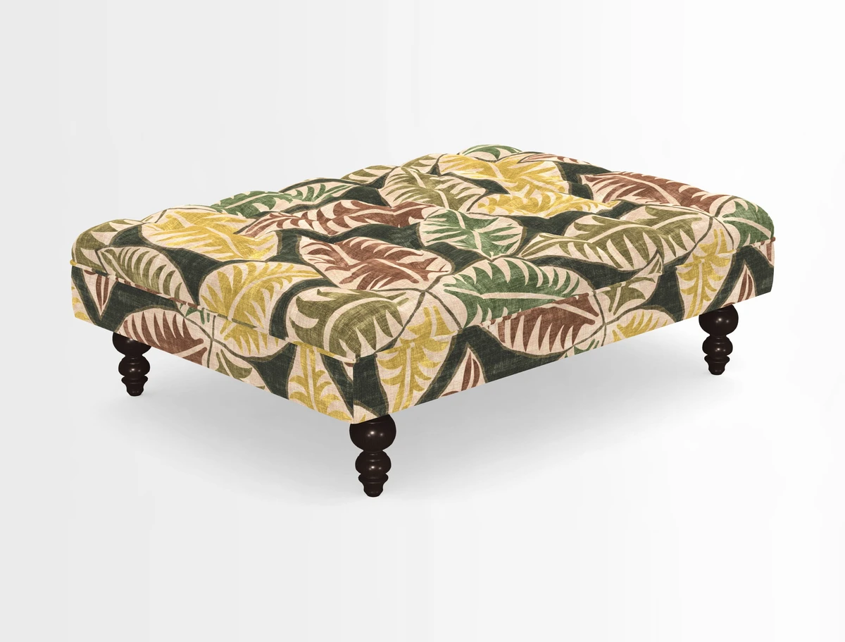 Bedham Footstool in RHS Gertrude Jekyll Lattice Green Alwinton 3 Seater Sofa in RHS Collection on Velvet William Hooker