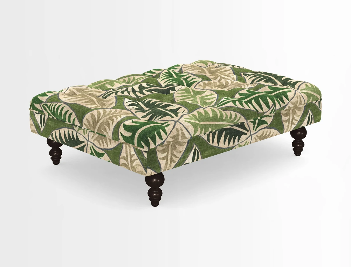 Bedham Footstool in RHS Gertrude Jekyll Lattice Green Alwinton 3 Seater Sofa in RHS Collection on Velvet William Hooker