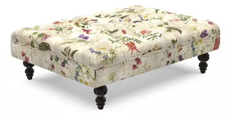 Bedham Footstool in RHS Gertrude Jekyll Lattice Green Alwinton 3 Seater Sofa in RHS Collection on Velvet William Hooker
