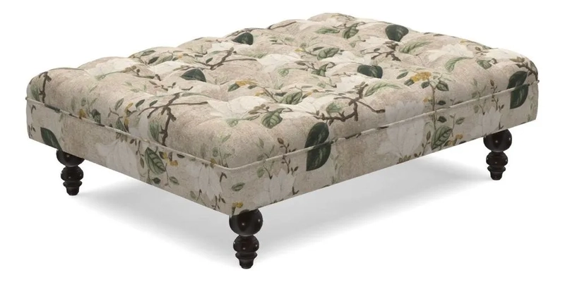 Bedham Footstool in RHS Gertrude Jekyll Lattice Green Alwinton 3 Seater Sofa in RHS Collection on Velvet William Hooker