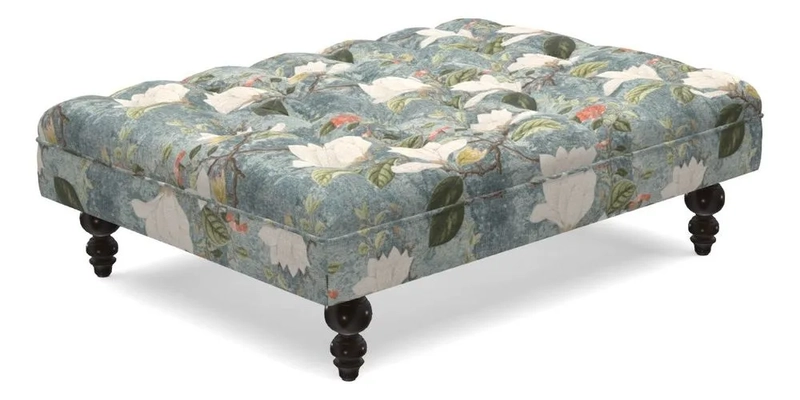 Bedham Footstool in RHS Gertrude Jekyll Lattice Green Alwinton 3 Seater Sofa in RHS Collection on Velvet William Hooker
