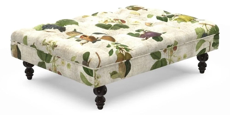 Bedham Footstool in RHS Gertrude Jekyll Lattice Green Alwinton 3 Seater Sofa in RHS Collection on Velvet William Hooker