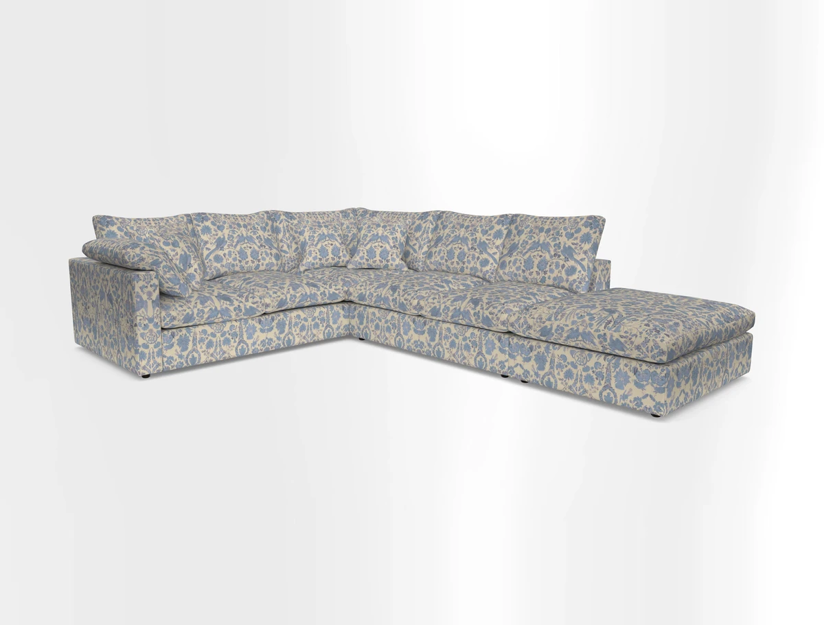 Big Softie Straight Arm Large Corner Group LHF in Romo Linara Coconut with Scatters in William Yoeward Nizhoni Indigo & Malla Indigo