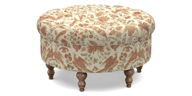 Burford Footstool in V&A Threads of India Opulent Velvets Lahore Dynasty Flame with fringe in Sophie Bullion Fringe Currant