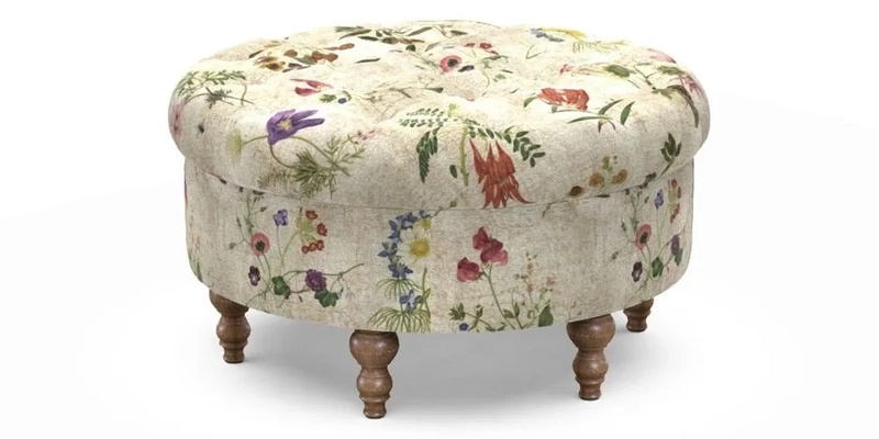 Burford Footstool in V&A Threads of India Opulent Velvets Lahore Dynasty Flame with fringe in Sophie Bullion Fringe Currant