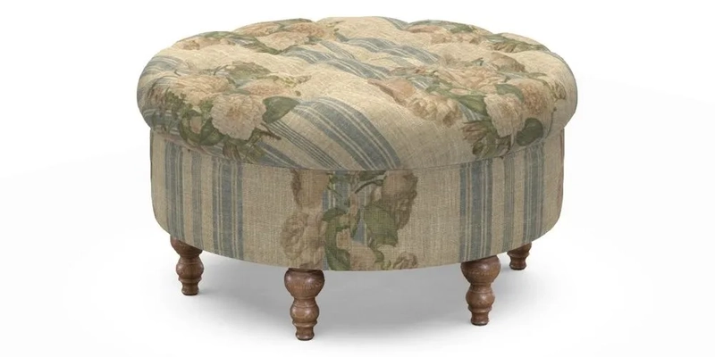 Burford Footstool in V&A Threads of India Opulent Velvets Lahore Dynasty Flame with fringe in Sophie Bullion Fringe Currant