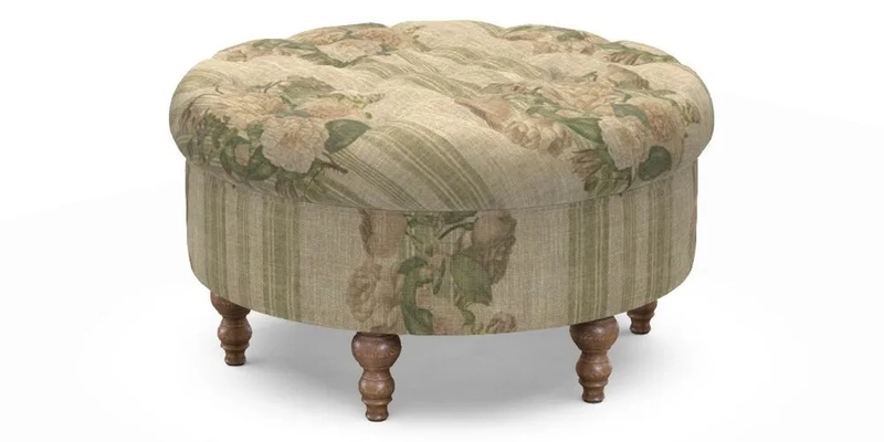 Burford Footstool in V&A Threads of India Opulent Velvets Lahore Dynasty Flame with fringe in Sophie Bullion Fringe Currant