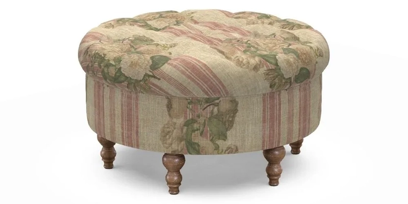 Burford Footstool in V&A Threads of India Opulent Velvets Lahore Dynasty Flame with fringe in Sophie Bullion Fringe Currant