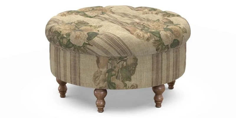 Burford Footstool in V&A Threads of India Opulent Velvets Lahore Dynasty Flame with fringe in Sophie Bullion Fringe Currant