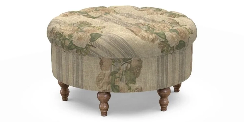 Burford Footstool in V&A Threads of India Opulent Velvets Lahore Dynasty Flame with fringe in Sophie Bullion Fringe Currant