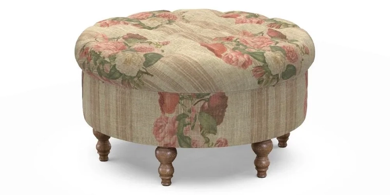 Burford Footstool in V&A Threads of India Opulent Velvets Lahore Dynasty Flame with fringe in Sophie Bullion Fringe Currant