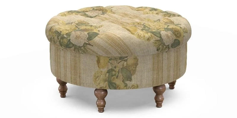 Burford Footstool in V&A Threads of India Opulent Velvets Lahore Dynasty Flame with fringe in Sophie Bullion Fringe Currant