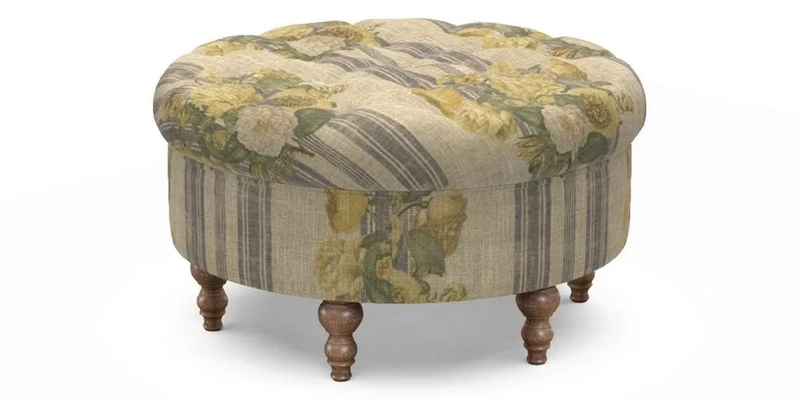 Burford Footstool in V&A Threads of India Opulent Velvets Lahore Dynasty Flame with fringe in Sophie Bullion Fringe Currant