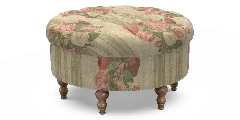 Burford Footstool in V&A Threads of India Opulent Velvets Lahore Dynasty Flame with fringe in Sophie Bullion Fringe Currant