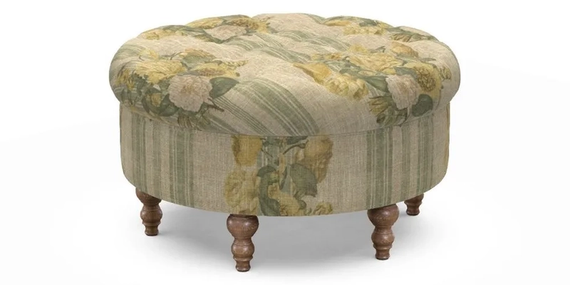 Burford Footstool in V&A Threads of India Opulent Velvets Lahore Dynasty Flame with fringe in Sophie Bullion Fringe Currant