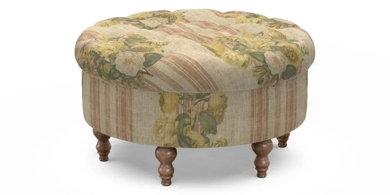 Burford Footstool in V&A Threads of India Opulent Velvets Lahore Dynasty Flame with fringe in Sophie Bullion Fringe Currant