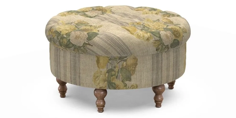 Burford Footstool in V&A Threads of India Opulent Velvets Lahore Dynasty Flame with fringe in Sophie Bullion Fringe Currant