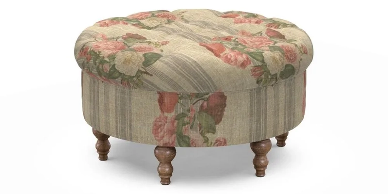 Burford Footstool in V&A Threads of India Opulent Velvets Lahore Dynasty Flame with fringe in Sophie Bullion Fringe Currant