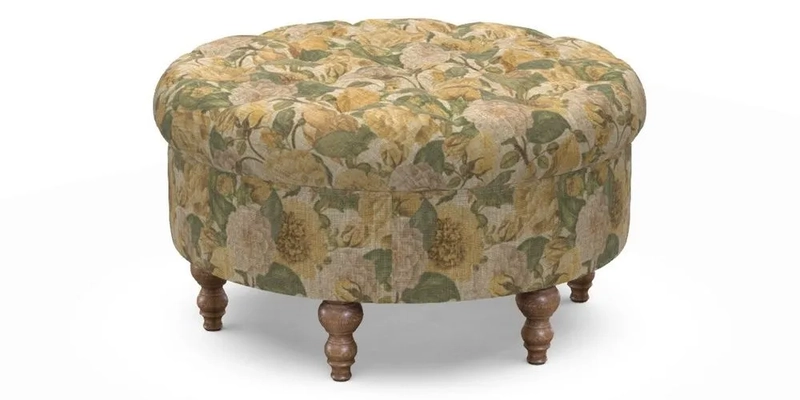 Burford Footstool in V&A Threads of India Opulent Velvets Lahore Dynasty Flame with fringe in Sophie Bullion Fringe Currant