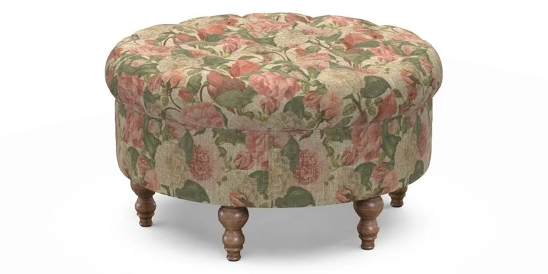 Burford Footstool in V&A Threads of India Opulent Velvets Lahore Dynasty Flame with fringe in Sophie Bullion Fringe Currant