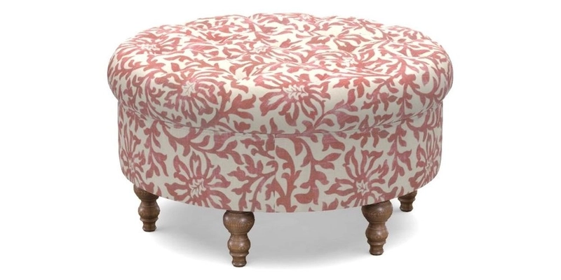 Burford Footstool in V&A Threads of India Opulent Velvets Lahore Dynasty Flame with fringe in Sophie Bullion Fringe Currant