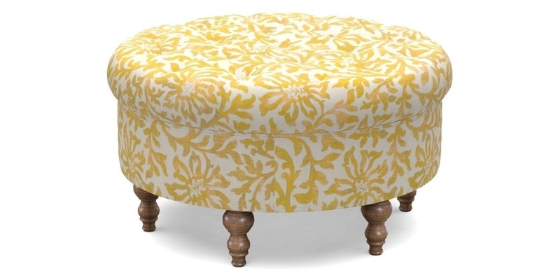 Burford Footstool in V&A Threads of India Opulent Velvets Lahore Dynasty Flame with fringe in Sophie Bullion Fringe Currant