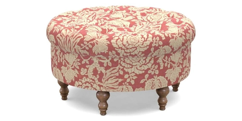 Burford Footstool in V&A Threads of India Opulent Velvets Lahore Dynasty Flame with fringe in Sophie Bullion Fringe Currant