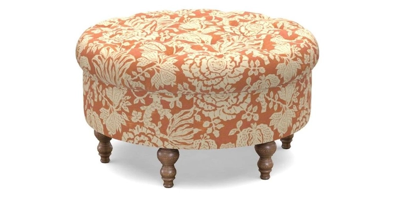 Burford Footstool in V&A Threads of India Opulent Velvets Lahore Dynasty Flame with fringe in Sophie Bullion Fringe Currant
