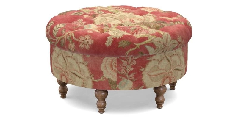 Burford Footstool in V&A Threads of India Opulent Velvets Lahore Dynasty Flame with fringe in Sophie Bullion Fringe Currant