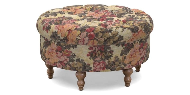 Burford Footstool in V&A Threads of India Opulent Velvets Lahore Dynasty Flame with fringe in Sophie Bullion Fringe Currant