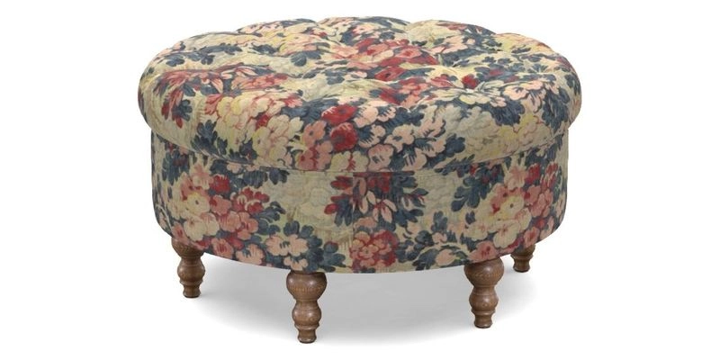 Burford Footstool in V&A Threads of India Opulent Velvets Lahore Dynasty Flame with fringe in Sophie Bullion Fringe Currant