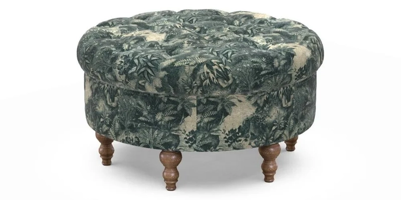 Burford Footstool in V&A Threads of India Opulent Velvets Lahore Dynasty Flame with fringe in Sophie Bullion Fringe Currant