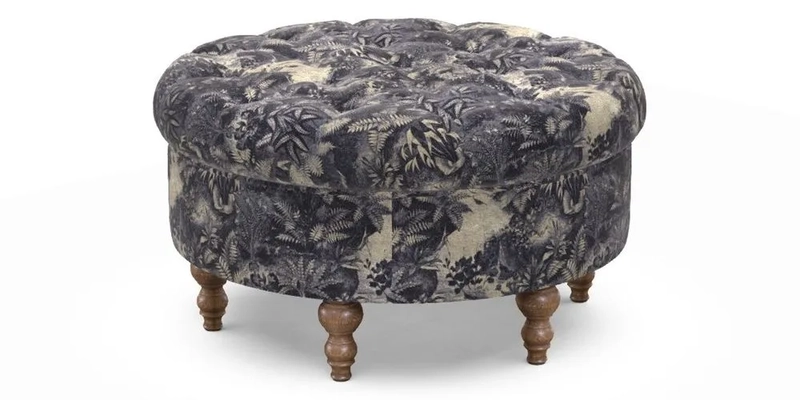 Burford Footstool in V&A Threads of India Opulent Velvets Lahore Dynasty Flame with fringe in Sophie Bullion Fringe Currant