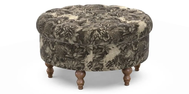 Burford Footstool in V&A Threads of India Opulent Velvets Lahore Dynasty Flame with fringe in Sophie Bullion Fringe Currant