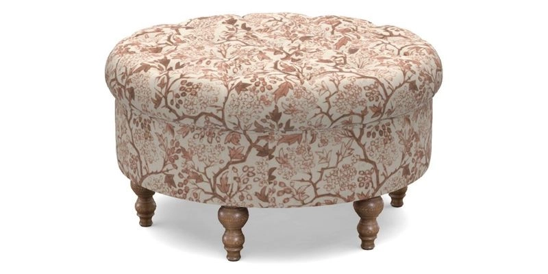 Burford Footstool in V&A Threads of India Opulent Velvets Lahore Dynasty Flame with fringe in Sophie Bullion Fringe Currant