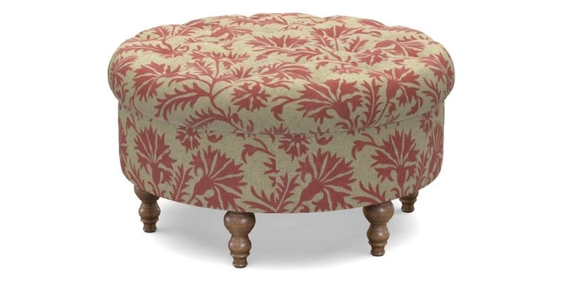 Burford Footstool in V&A Threads of India Opulent Velvets Lahore Dynasty Flame with fringe in Sophie Bullion Fringe Currant