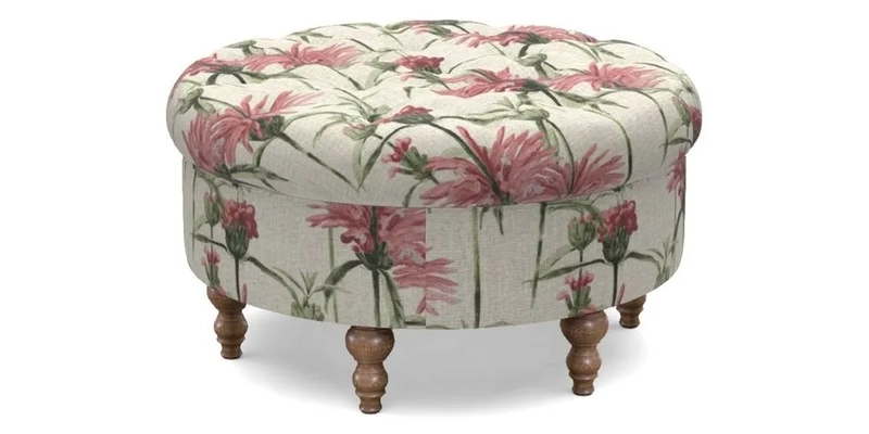 Burford Footstool in V&A Threads of India Opulent Velvets Lahore Dynasty Flame with fringe in Sophie Bullion Fringe Currant