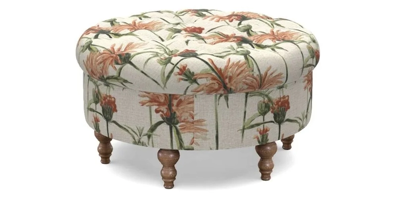 Burford Footstool in V&A Threads of India Opulent Velvets Lahore Dynasty Flame with fringe in Sophie Bullion Fringe Currant