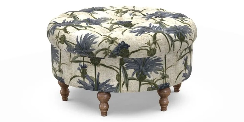 Burford Footstool in V&A Threads of India Opulent Velvets Lahore Dynasty Flame with fringe in Sophie Bullion Fringe Currant