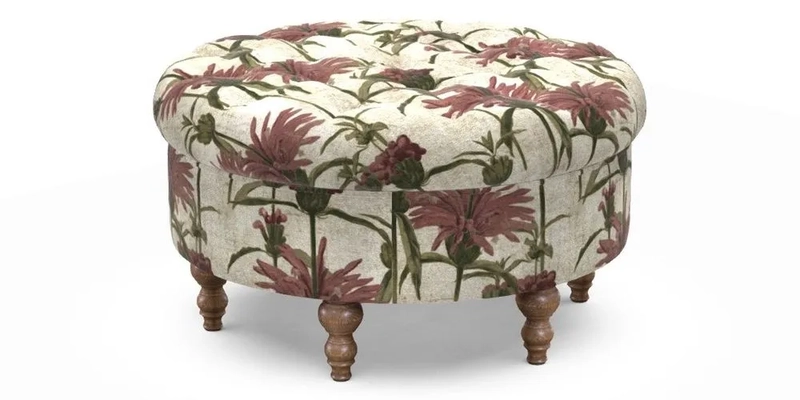 Burford Footstool in V&A Threads of India Opulent Velvets Lahore Dynasty Flame with fringe in Sophie Bullion Fringe Currant