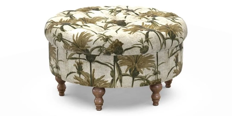 Burford Footstool in V&A Threads of India Opulent Velvets Lahore Dynasty Flame with fringe in Sophie Bullion Fringe Currant