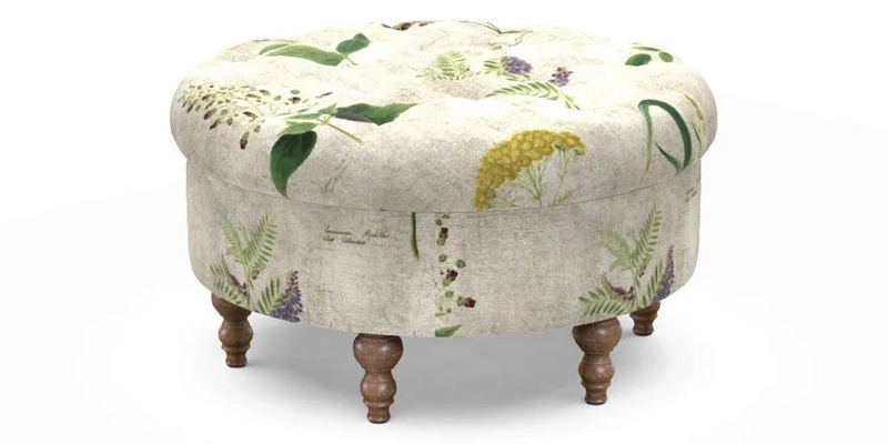 Burford Footstool in V&A Threads of India Opulent Velvets Lahore Dynasty Flame with fringe in Sophie Bullion Fringe Currant