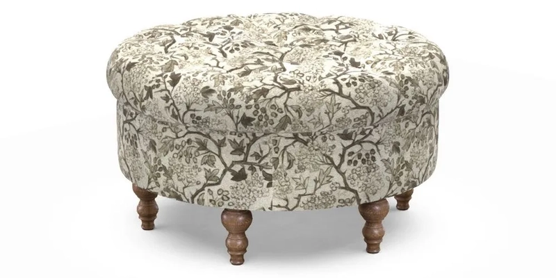 Burford Footstool in V&A Threads of India Opulent Velvets Lahore Dynasty Flame with fringe in Sophie Bullion Fringe Currant